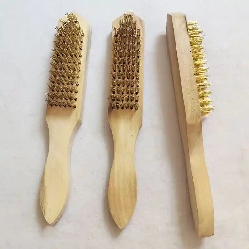 Copper plated thickened wooden handle steel wire brush, industrial iron brush, barbecue brush, antique rust removal and polishing wooden handle copper plated steel wire brush