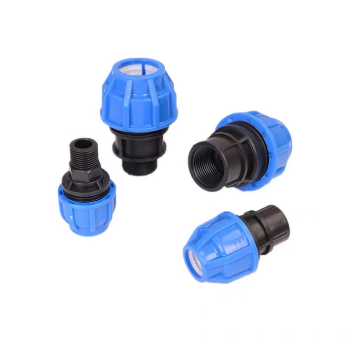 PE pipe quick connect inner wire, direct outer tooth joint, pipe fittings accessories, plugs, no hot melt quick connect, blue cap, irrigation greenhouse