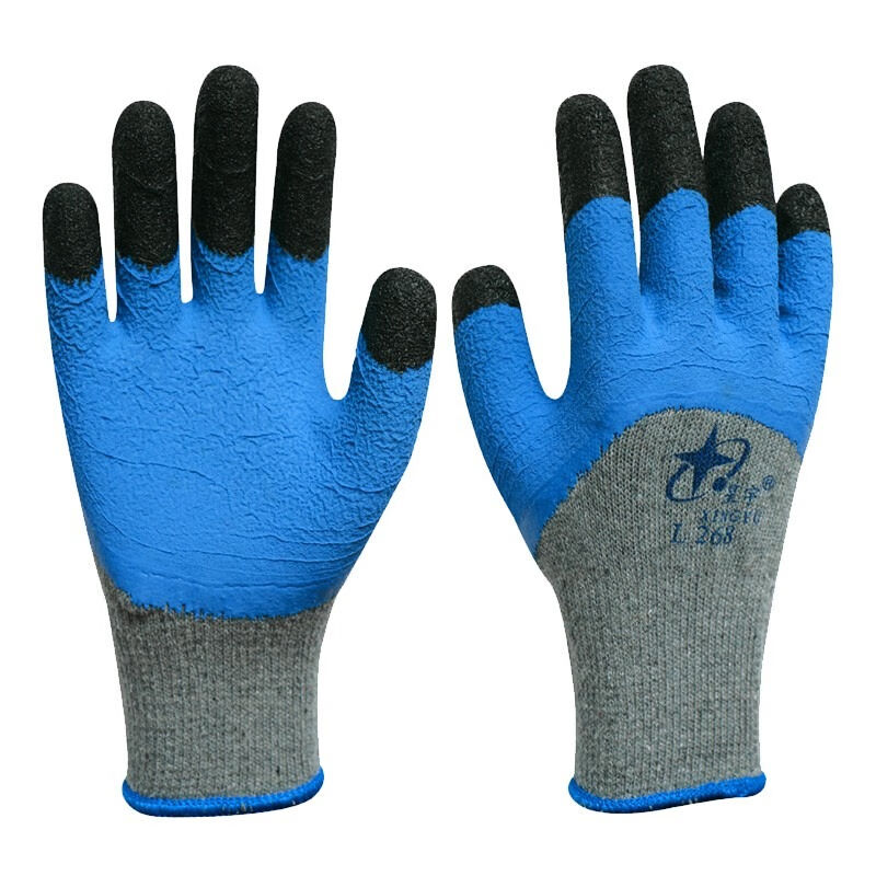 Xingyu L268 Ten Needle Coarse Polyester Cotton Yarn Gloves Blue Latex Foam Finger Reinforcement Anti slip and Wear resistant 1 Pair Set