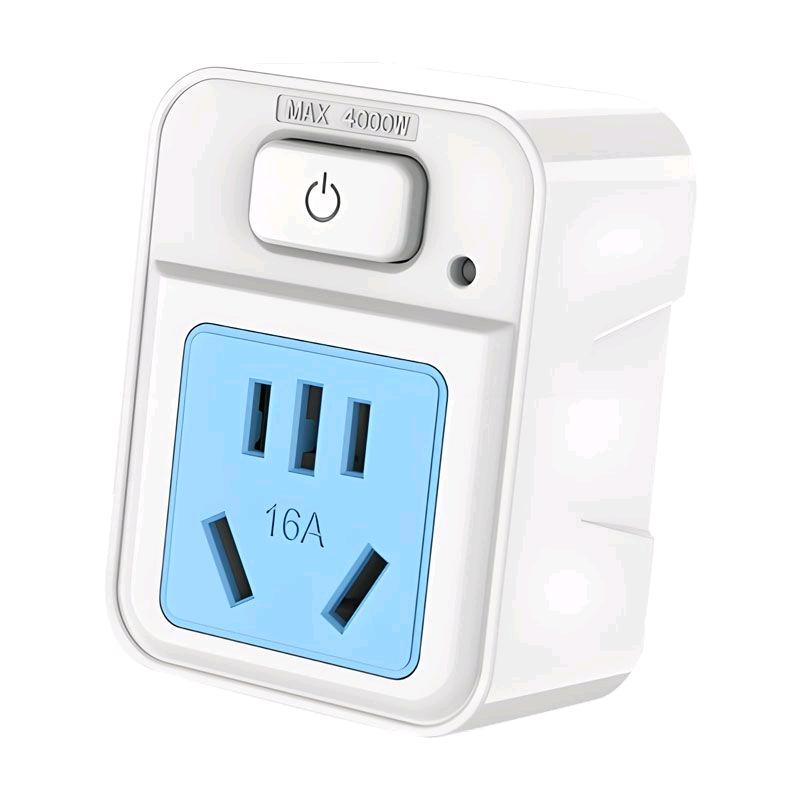 Conversion plug with switch, large three hole extender socket, Australian standard