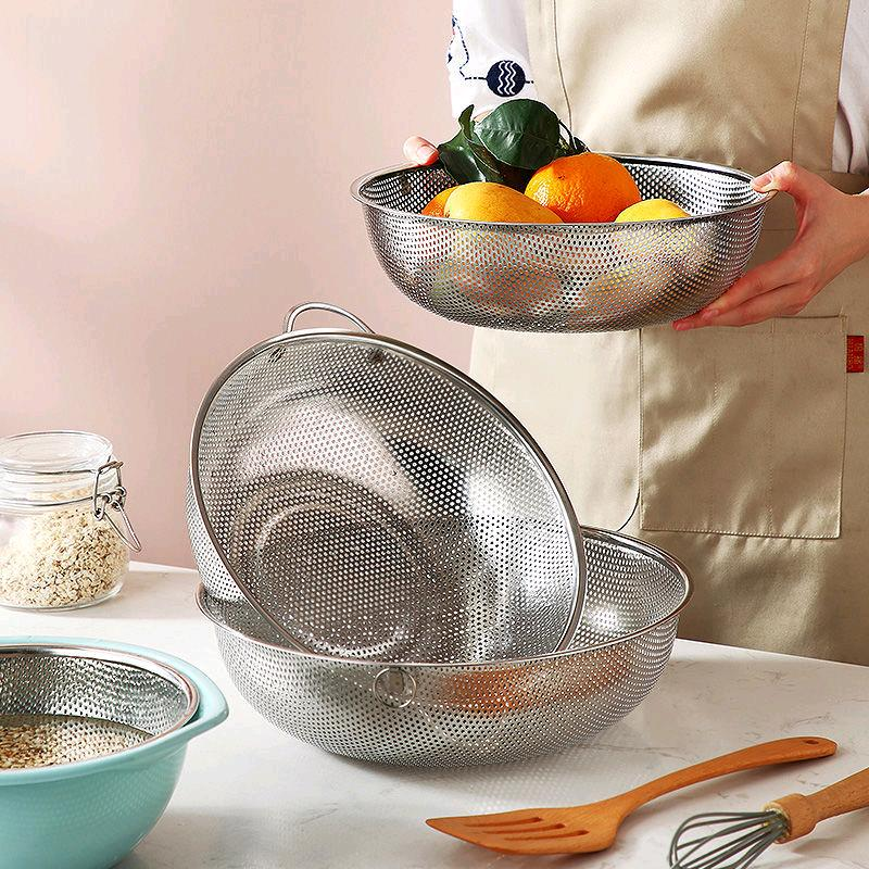 Thickened stainless steel double ear perforated basket, vegetable washing basket, rice sieve, leaking basin, drainage basket, fruit basket, fruit basin, kitchen multi-purpose basket