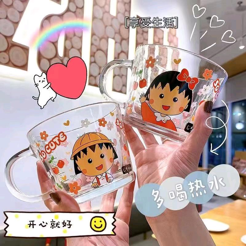 Cartoon Maruko Glass Water Cup with Thickened Scale, Home Milk Cup, Cute Oat Breakfast Cup with Lid, Women's Summer