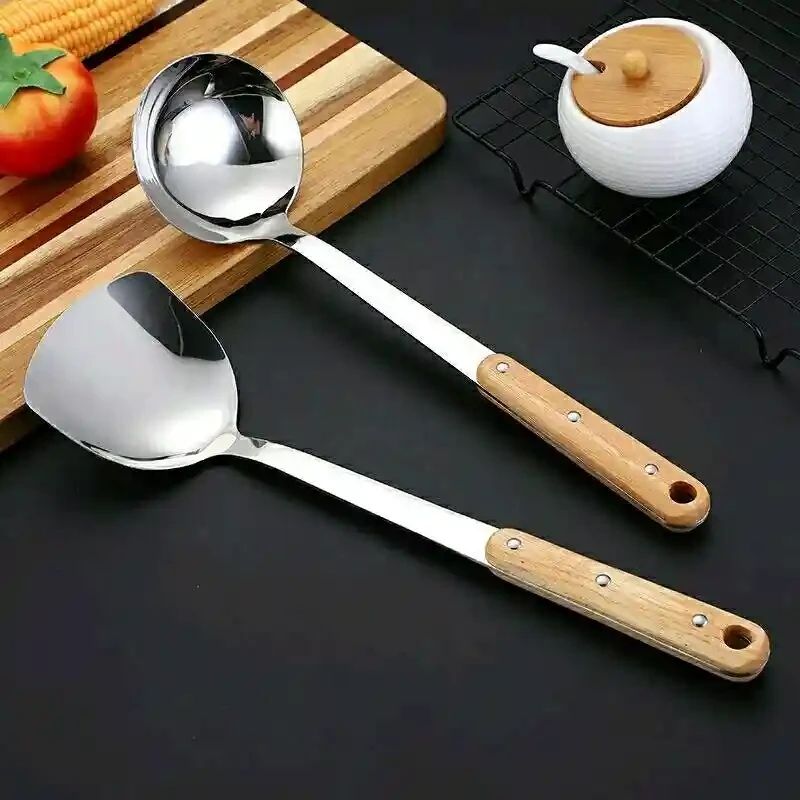 Three mile wooden handle three nail shovel spoon wooden handle three nail shovel, spoon 3 centimeter stainless steel shovel spoon heat-resistant shovel spoon