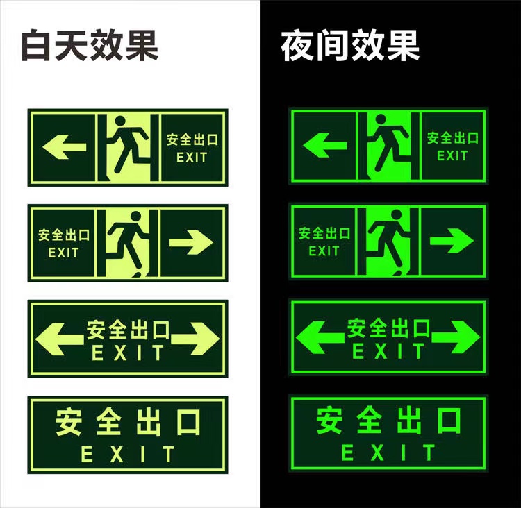 Safety exit warning stickers, luminous warning signs, self luminous, no need for electricity. Safety exit signs, fire signs, escape routes, warning luminous wall stickers