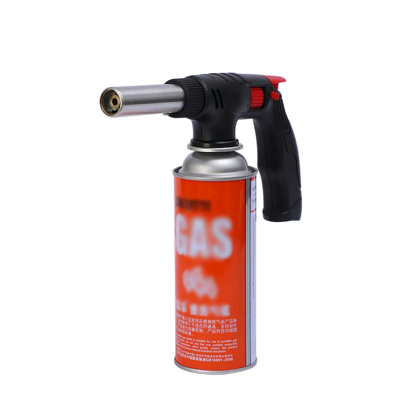 Handheld portable cartridge style flamethrower with a length of 38 centimeters, capable of being inverted for grilling, welding, welding, and igniting cooking